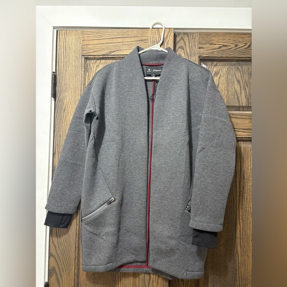 Betabrand Gray Trench Coat with Red Zip Trim